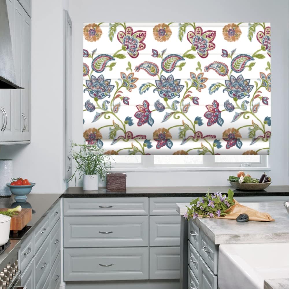 Artdix Cordless Roman Shades Blackout Window Shades - White Fabric Lined Custom Floral Roman Shades Blinds for Windows, Doors, French Doors, Kitchen Windows