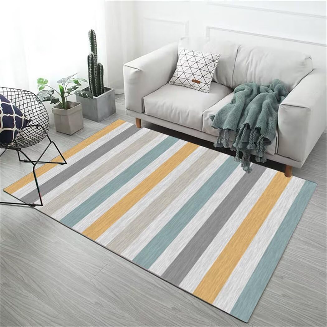 Carpette salon grand tapis enfants bleu 200x250 cm lavable motif géométrique