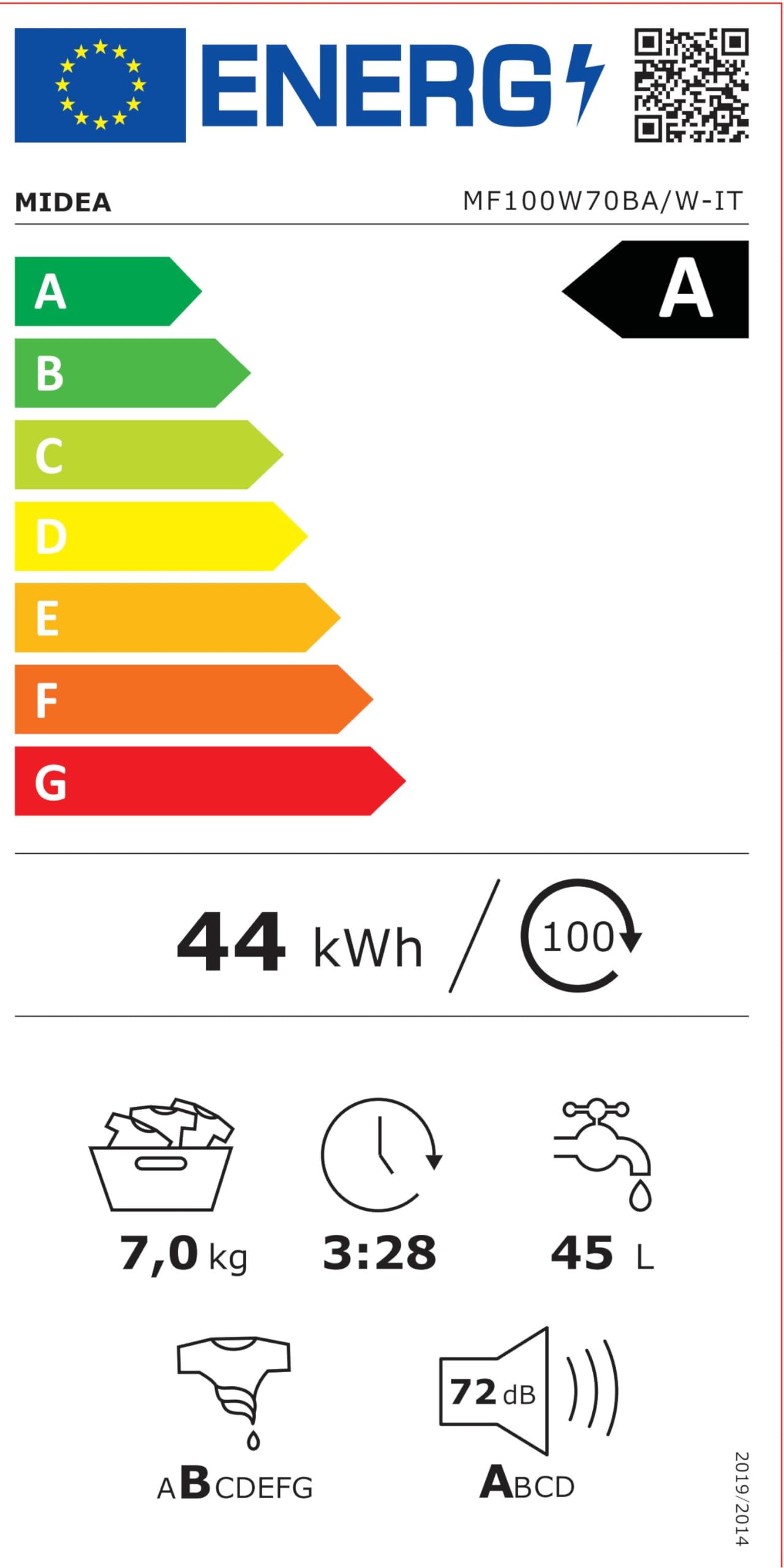 Midea MF10EW70B Lavatrice Slim Carica Frontale, 7 kg, 1400 Giri, Classe A, Vapore, Motore BLDC, Programma Rapido, Varie Temperature dell'Acqua, White