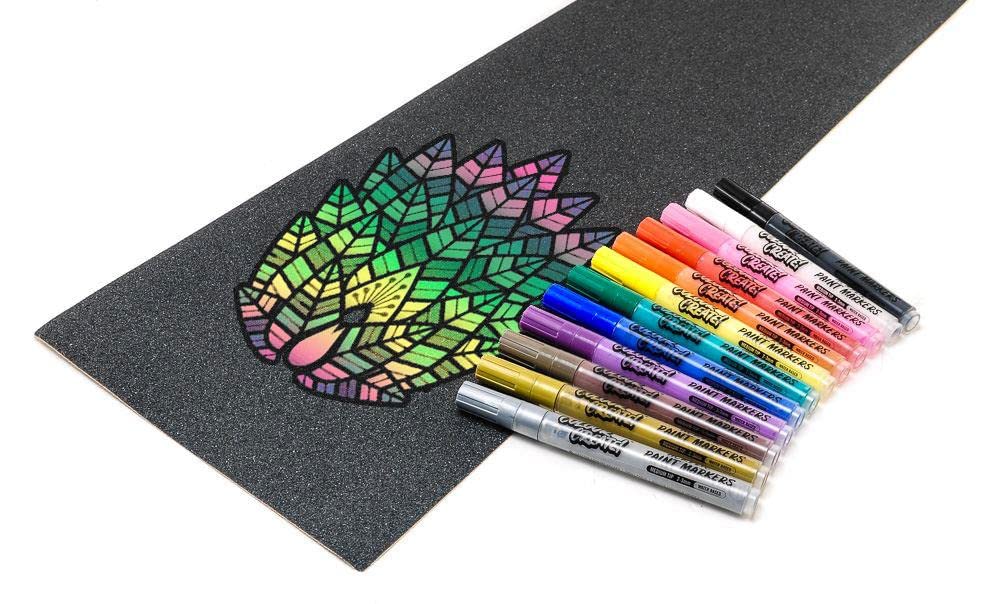Venom Skateboards Grip Tape & 12 Paint Pens Art Pack - Perforated Skate board Grip tape for Skateboard Skate Deck Colour your Own Black Grip Tape Skateboard Accessories for Art 9" x 33" 2 Grip + Pens