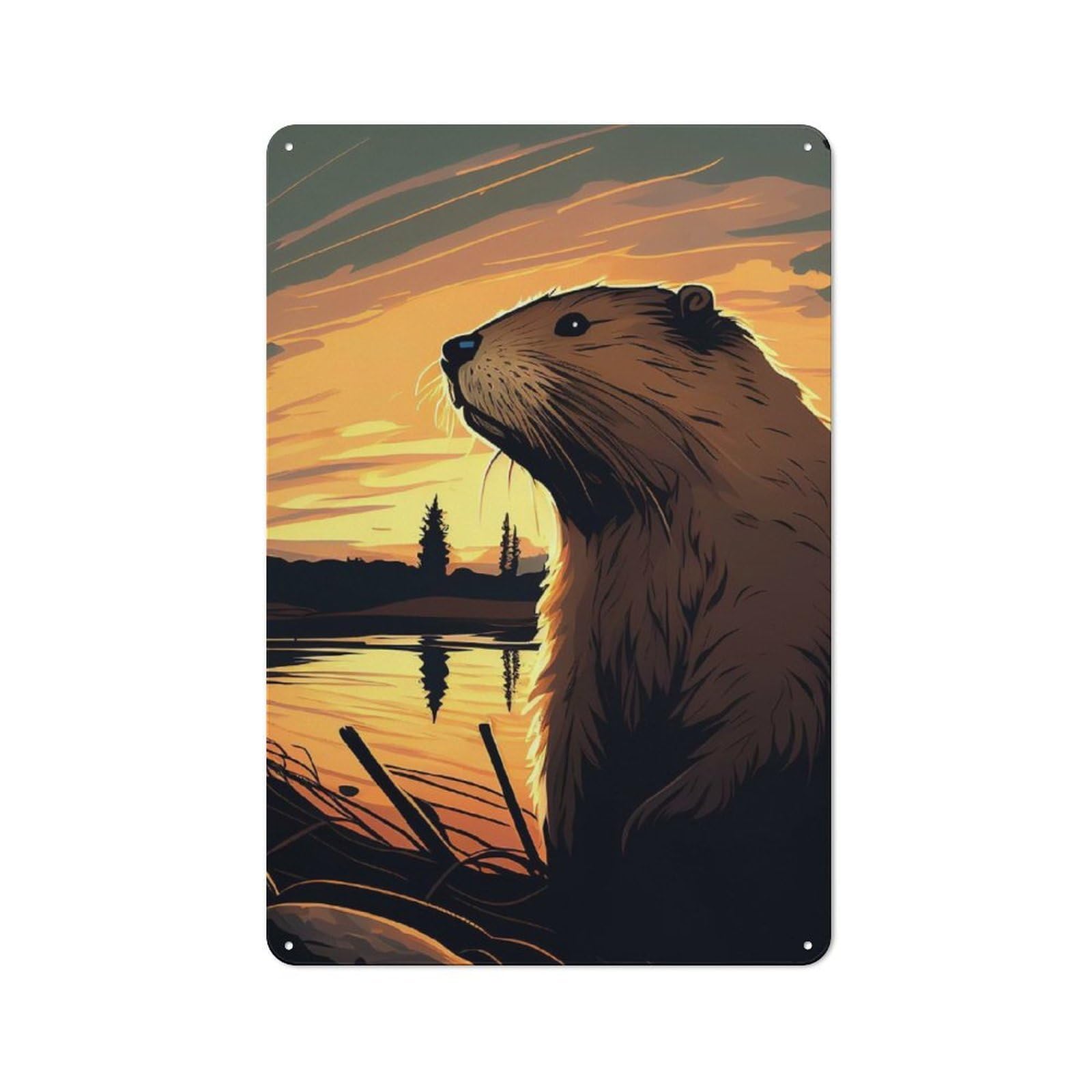 Junmoney Beaver Sunset Vintage Metal Plaque 30X20cm For Workshop Wall, For Kitchen And Home Bar Decor, For Home Office And Studio Walls
