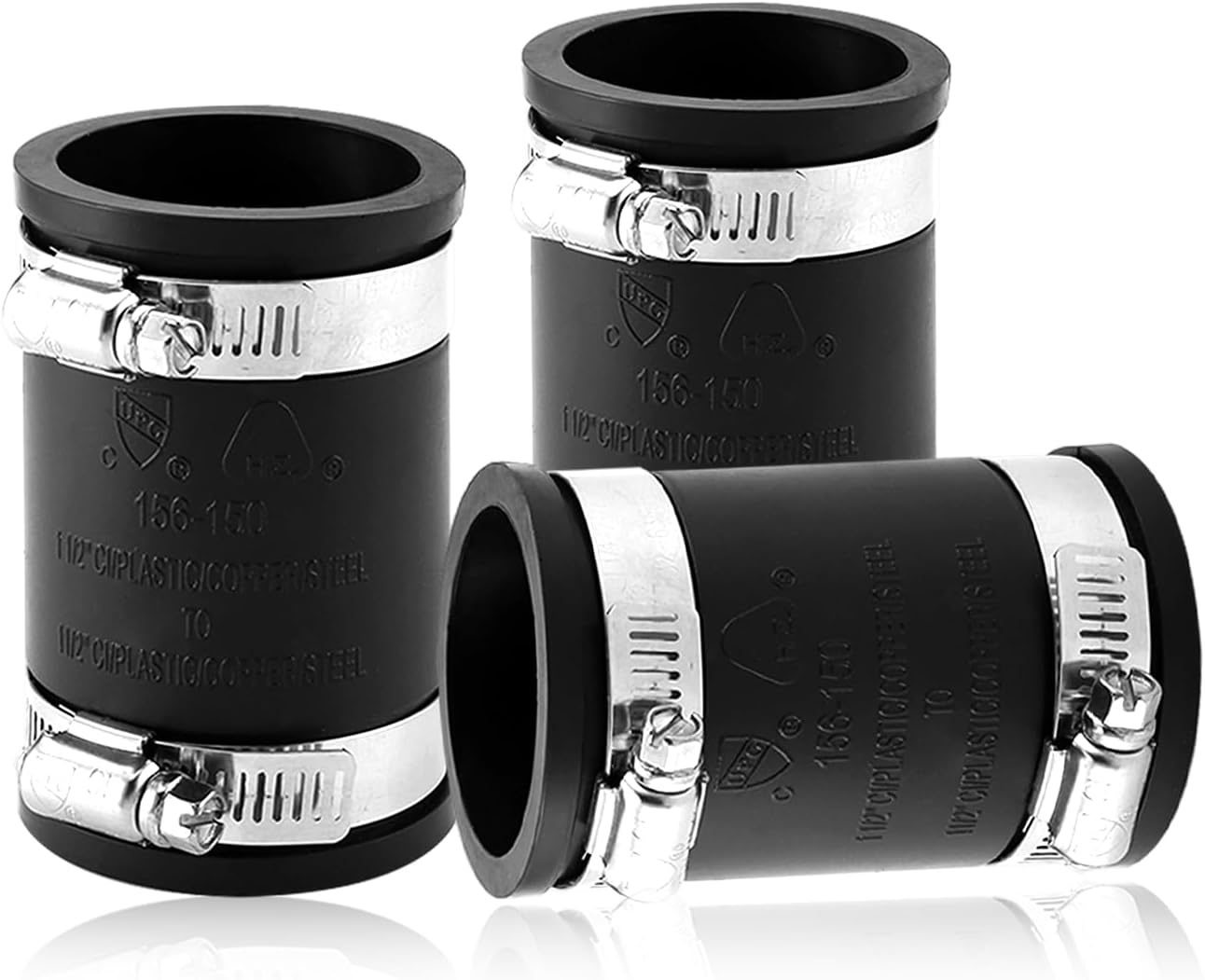 3 Pcs 1 1/2" Flexible Pvc Pipe Coupling with Stainless Steel Clamp, Flexible Fitting for Connecting Cast Iron, Plastic and Copper Pipes, for Sewer and Drain Connections(Black)
