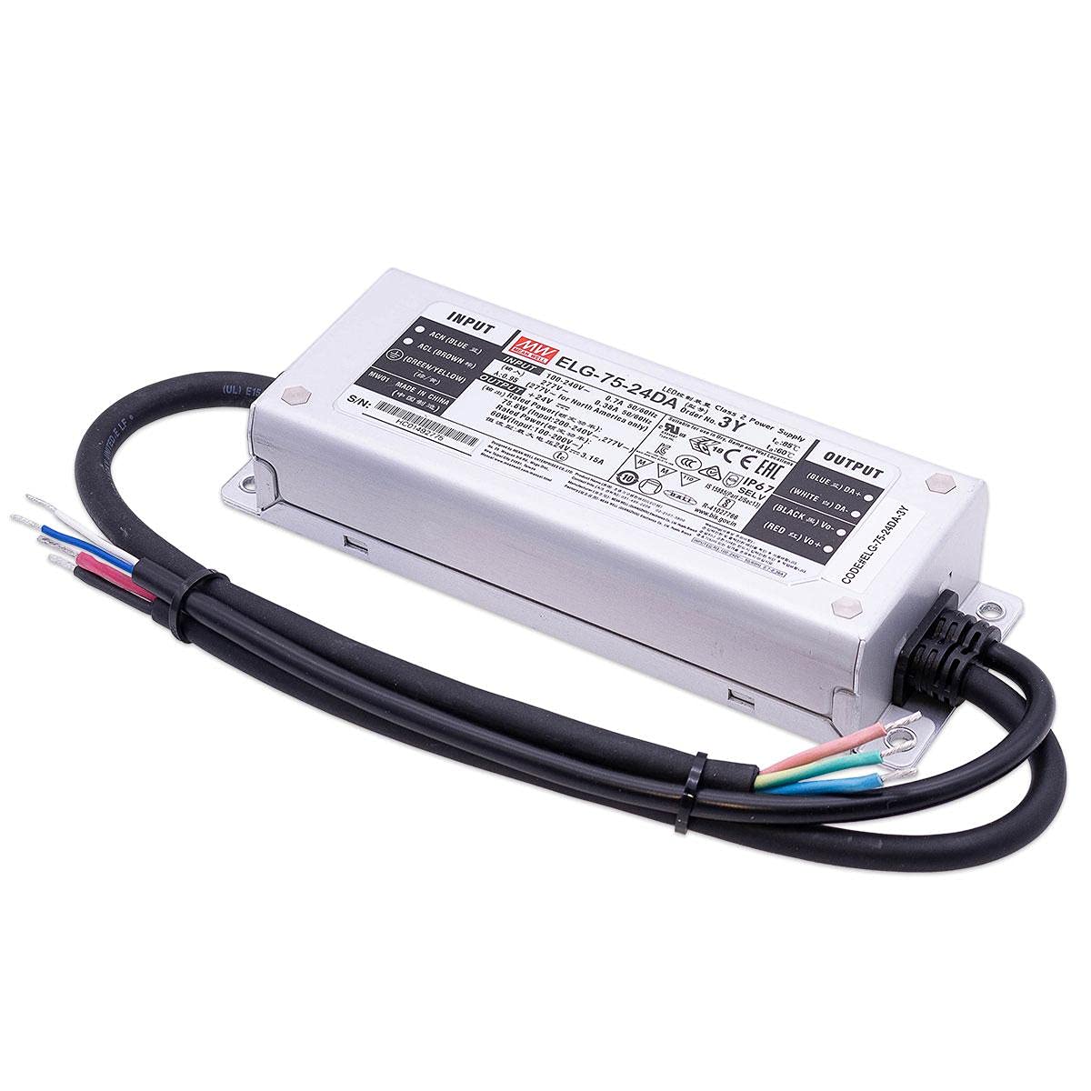 Mean Well ELG-75-24DA-3Y - Fuente de alimentación LED regulable (75,6 W, 24 V, 3,15 A, IP67, CV)