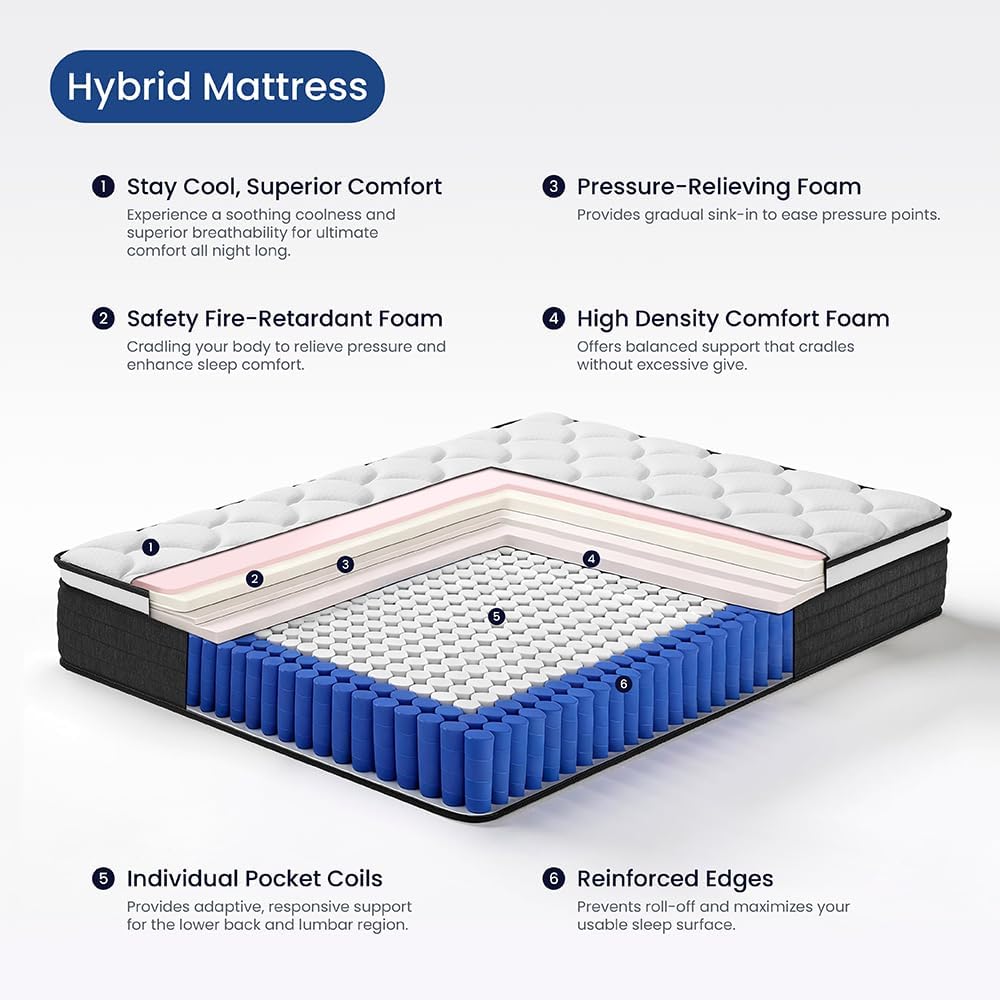 NapNest Full Size Mattress 10 Inch, Hybrid Mattresses Full in a Box, Medium Firm Feel Memory Foam and Individual Pocket Springs Fiberglass Free Bed Matress Breathable, CertiPUR-US - Image 3