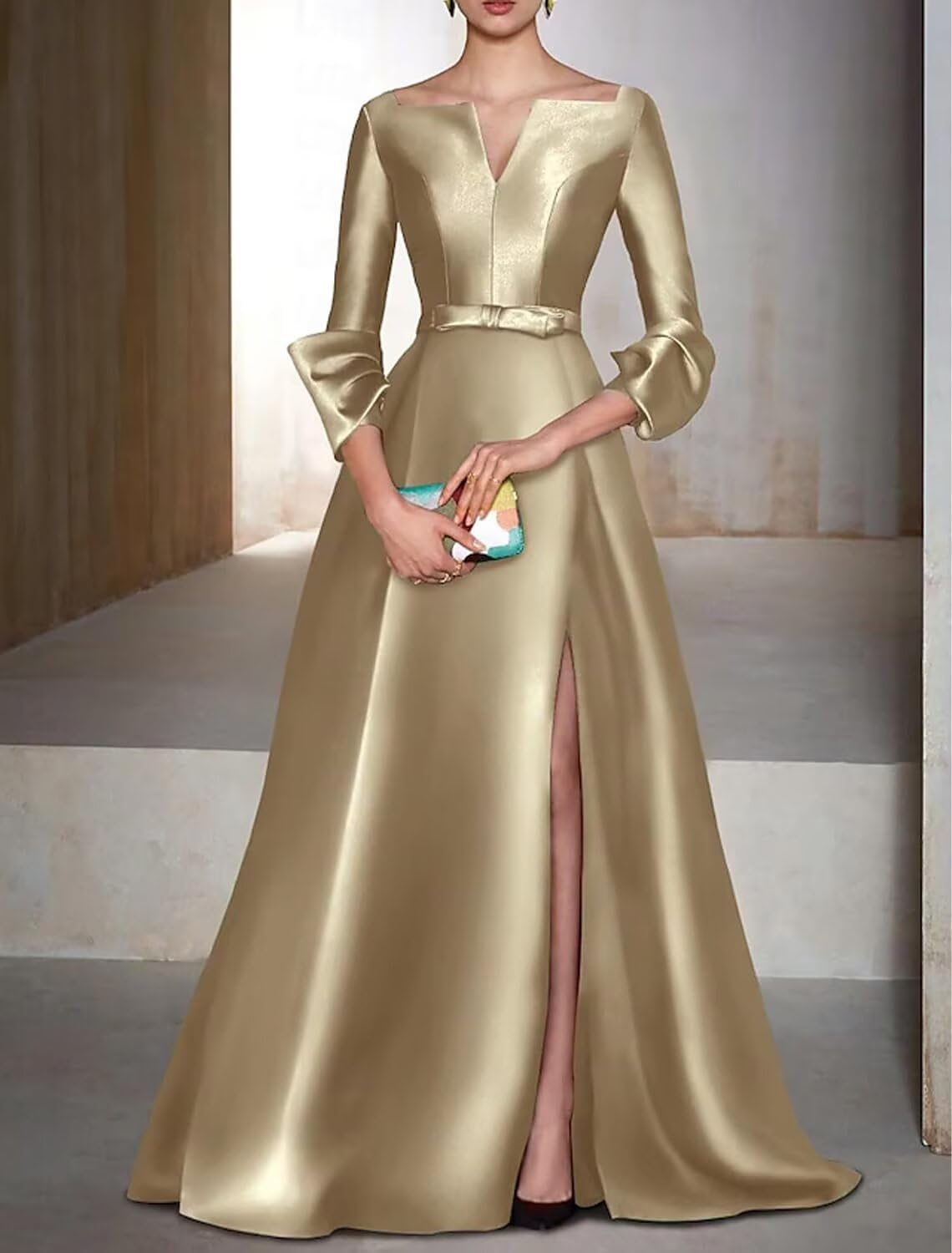 Women Satin V Neck Mother of The Bride Dresses for Wedding Long A Line Elegant Evening Gown with Slit - Image 3