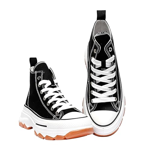 Nexsus Plus Ladies Women Chunky Sole Lace Up High Top Canvas Casual Trainers Sneakers Walking Gym Shoes Size UK3-9 - 6 UK - Black