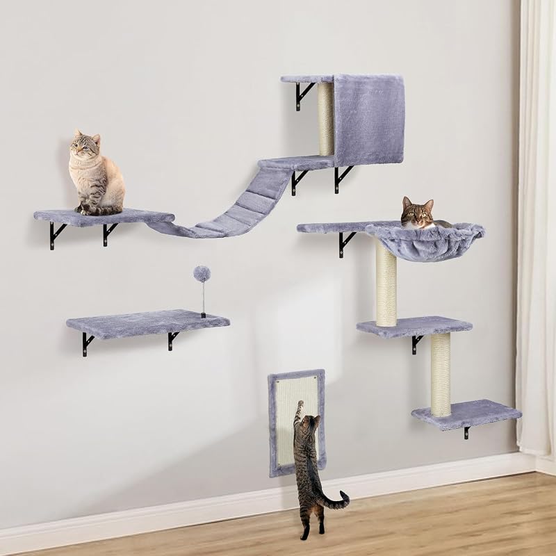Árvore de atividades para gatos com prateleiras de parede e rede soblyerjoy