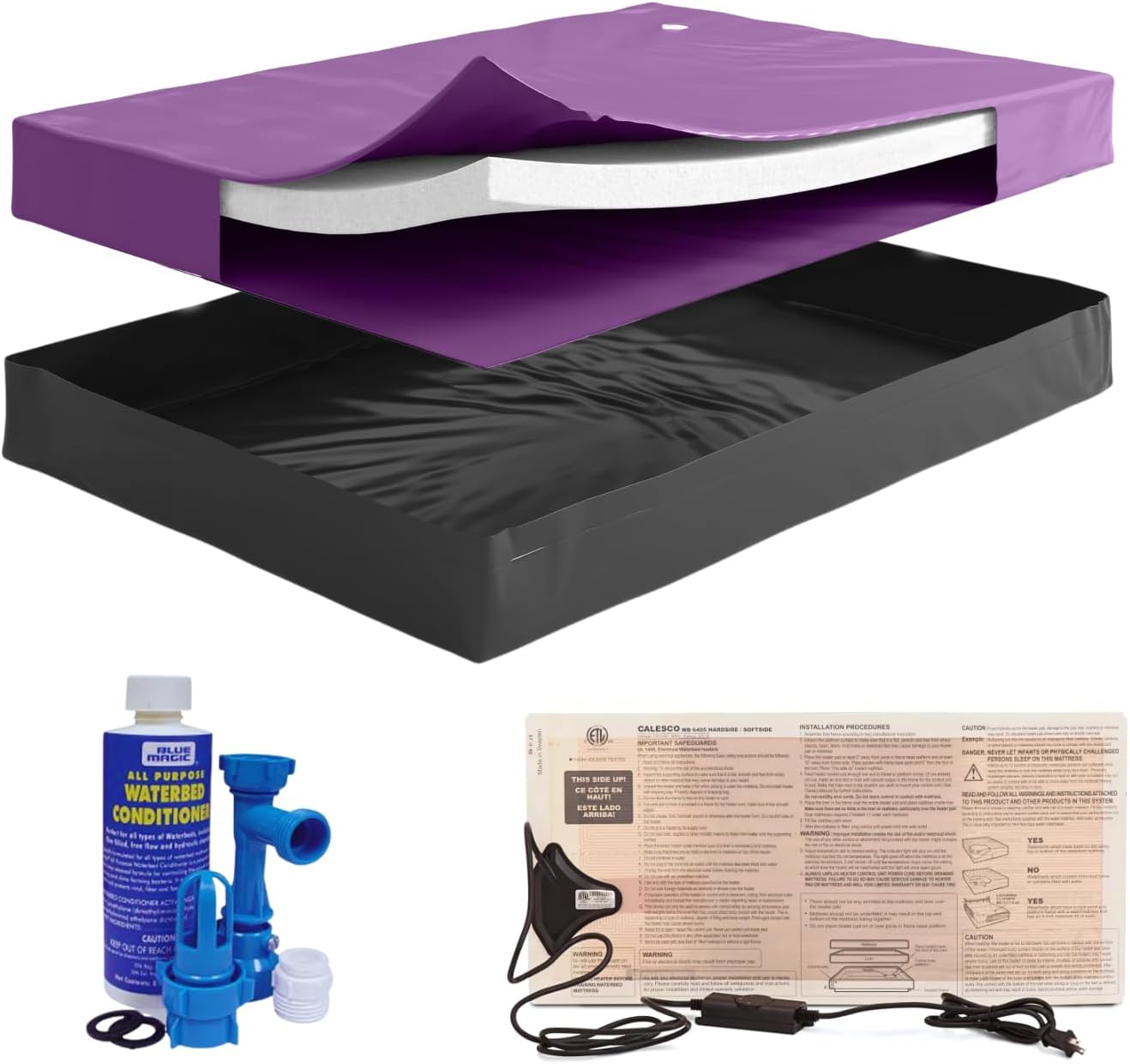 Blue Magic Califorina King Size 30% Semi-Waveless Waterbed Mattress Bundle with 325W Heater, Fill & Drain Kit, Conditioner, Stand-Up Liner - Frame Not Included