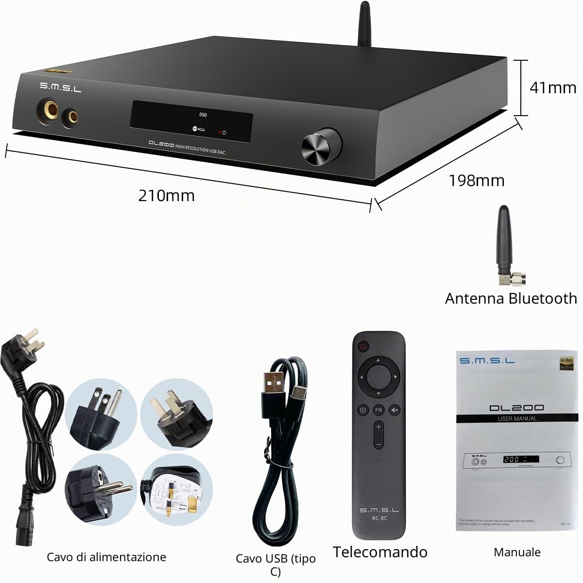 S.M.S.L DL200 Amplificatore per cuffie audio ES9039Q2M Chip di fascia alta MQA XMOS PCM768kHz/32bit DSD512 Ingresso USB/Ottico/Coassiale/Bluetooth THD+N 0,00006% con telecomando