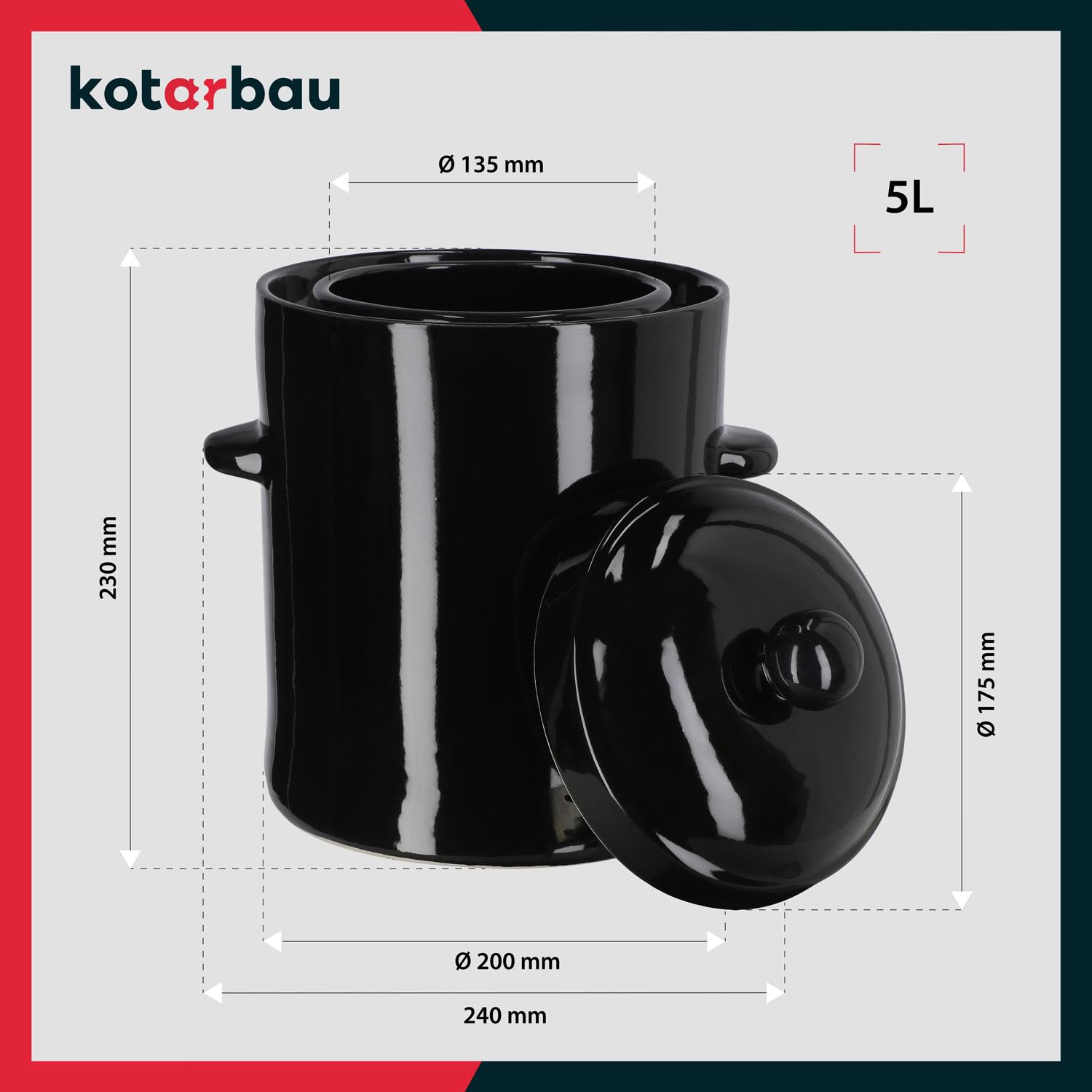 KOTARBAU® Kimchi Pot à fermentation en faïence 5 l Pot à rhum Pot à choucroute Pot en argile avec couvercle Pot à rhum avec couvercle en bois d'ébène Pot à concombre Hermétique