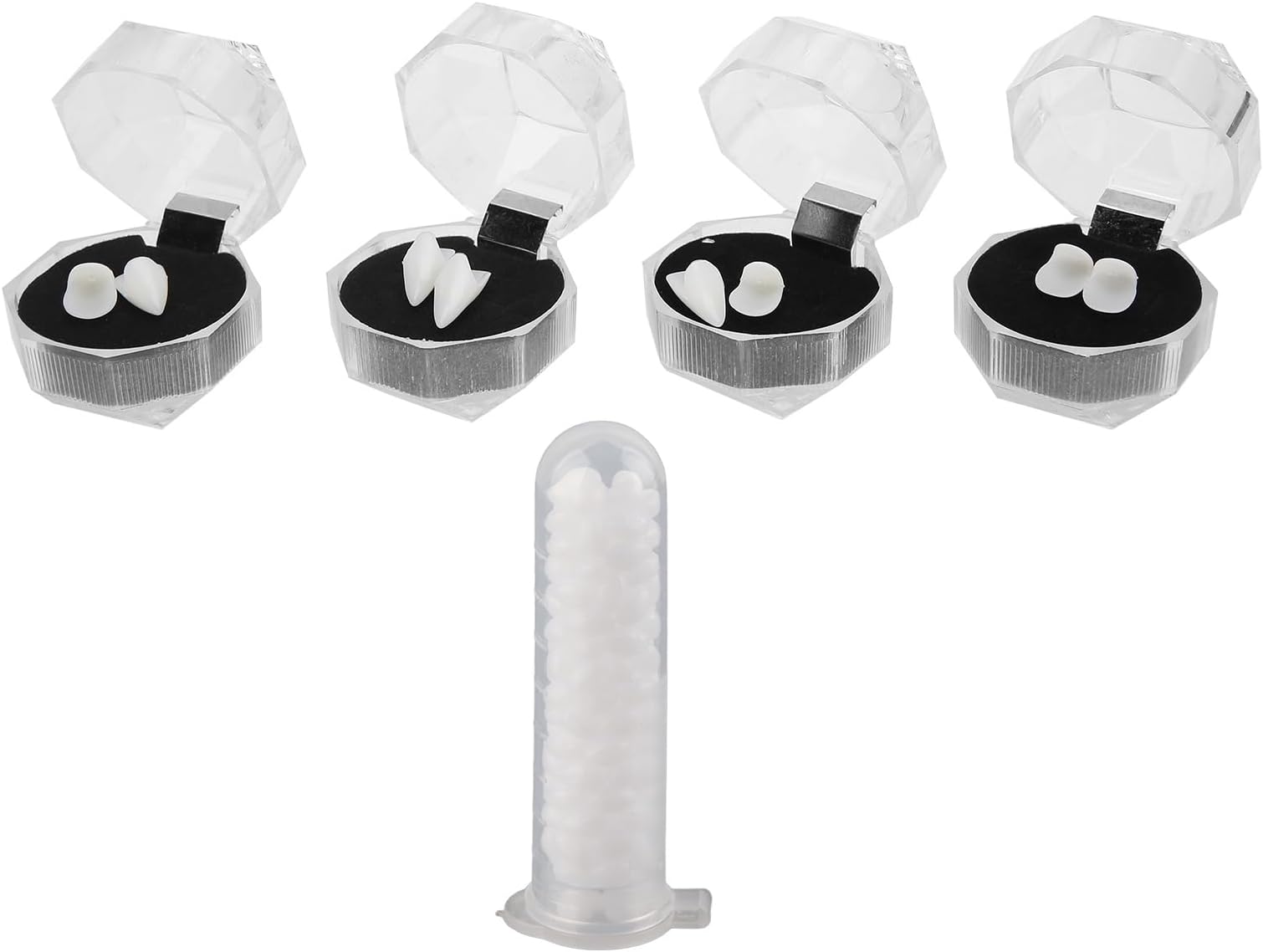 "Party False Teeth Set" with Teeth Pellets Adhesive Easy to Use and Carry Vivid Effect Cosplay Dentures Ideal for Halloween and Carnivals 4 Pairs Included
