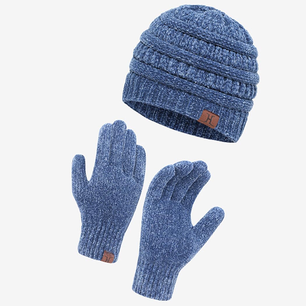 Unisex Pompon-Strick-Set, niedlich, dehnbar, Winterhandschuhe, Mütze, Fäustlinge