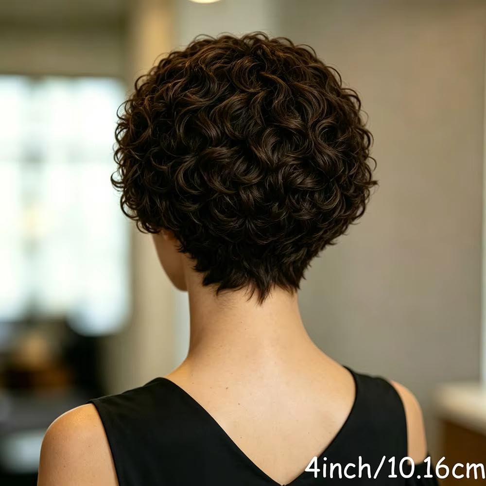 Haarpflege 4 Zoll Dunkelbraune Kurze Lockige Echthaarperücke Für Frauen Voll Maschinell Hergestellte Perücken