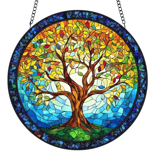 Tree of Life Stained Glass Window Hanging - Sun Catchers for Indoor/Outdoor Décor | Artisan Glass Panels for Home & Garden Wall Art | Unique Suncatcher Housewarming Gift for Home Decoration