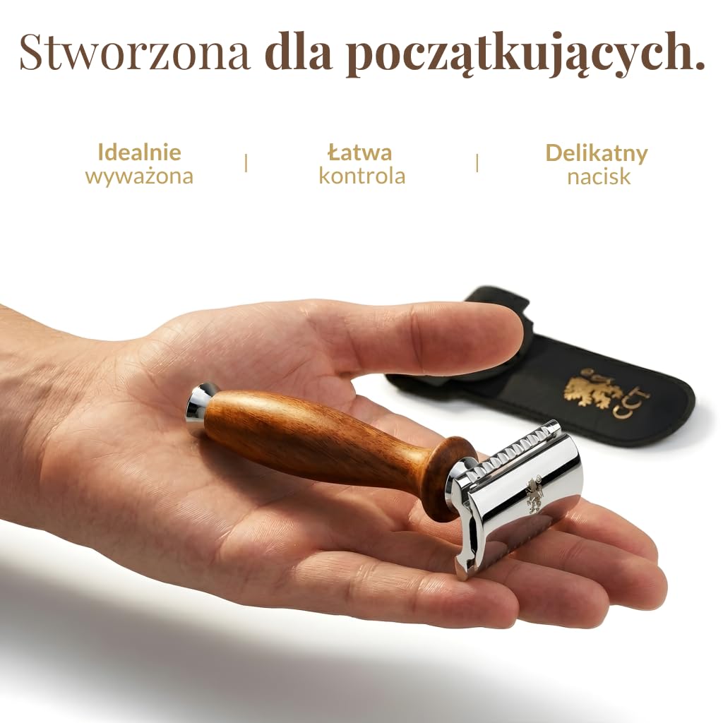 Maszynka do golenia z podwójnym ostrzem The Cambridge Cutthroat®, profesjonalna, tradycyjna, z drewna Missanda, premium, do golenia, modelowania wąsów i brody, w zestawie etui podróżne