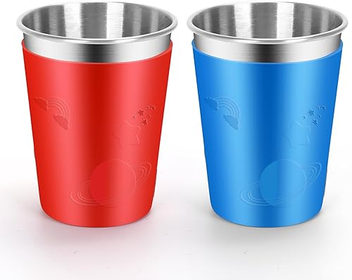 ShineMe Vasos de acero inoxidable, juego de 2 vasos de metal de 12 onzas para niños y adultos con fundas de silicona, tazas abiertas apilables para