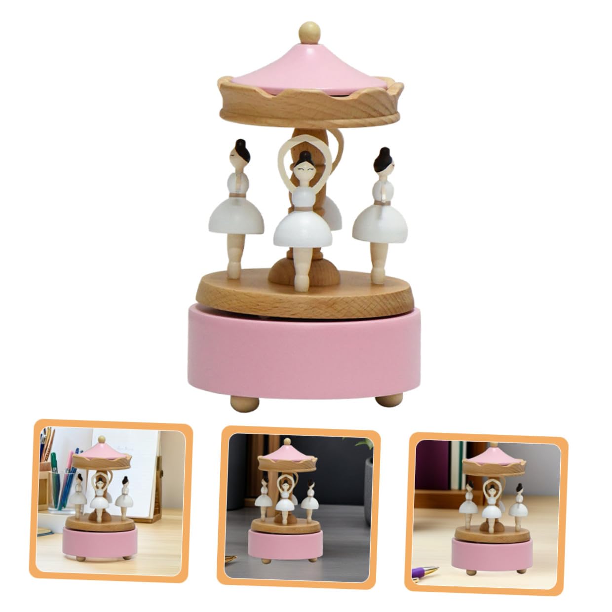 Caja Musical de Bailarina Giratoria de Madera Rosa, Figura Coleccionable