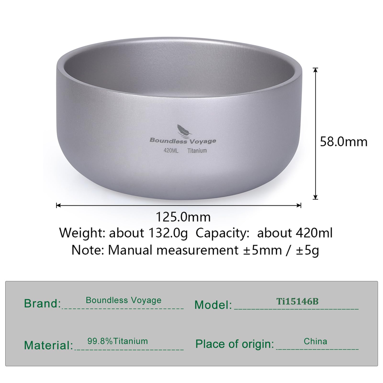 Boundless Voyage Ciotola a doppia parete in titanio, 420 ml, stile moderno, rotonda, leggera, anti-scottatura, adatta per adulti e bambini, per uso esterno e quotidiano