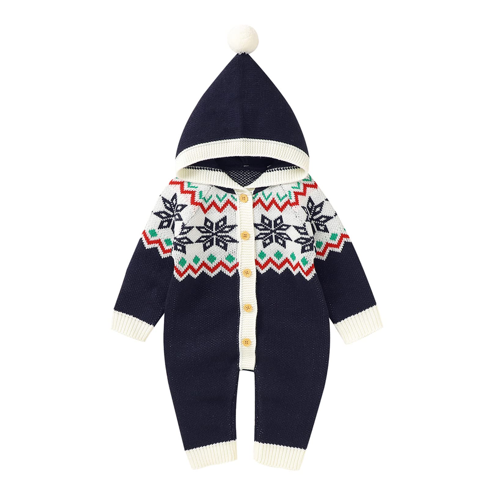 RNTOP Baby Knit Sweater Romper Christmas Outfit Newborn Girls Boys Long Sleeve Hooded Jumpsuit Fall (Blue, 6-12 Months)