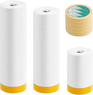 Swpeet 8 Rolls 21" 43" 59" x 23Yards 3 Multi Size Automotive Painting Covering Tape and Drape Masking Paper and 0.6" Yellow Automotive Refinish Masking Tape Kit, Pre-Taped Masking Film Masking Paper