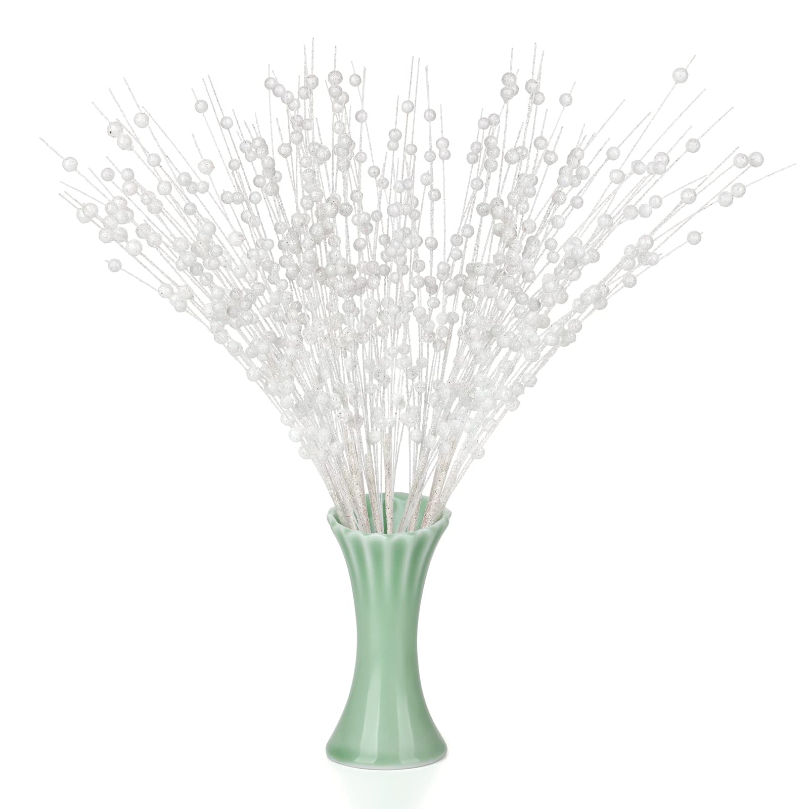HGUIM 20PCS Christmas Glitter Berries Stems 40cm Artificial White Berry Twig Stem Christmas Picks Glitter Sticks for Christmas Tree DIY Xmas Wreath Crafts Xmas Home Decor