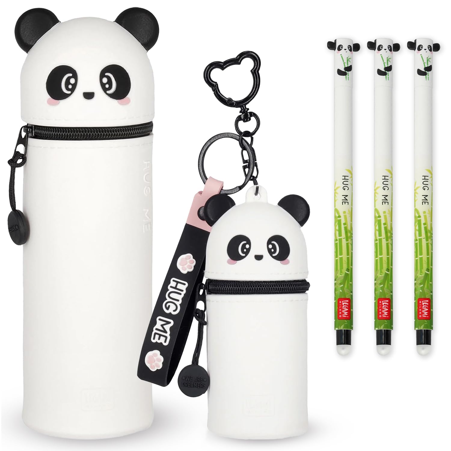 LEGAMI Set of 3 Erasable Gel Pens + 2-in-1 Kawaii Pencil Case + Coin Purse Key Chain Gift Set | Cute Fun Animal Theme Designs (Panda)