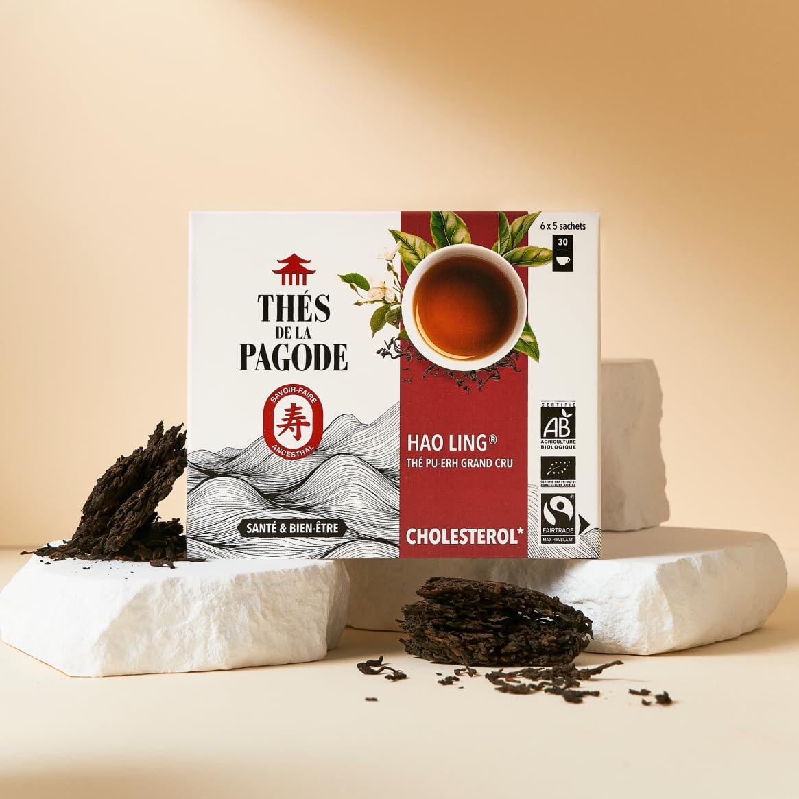 Thés de la Pagode | Té Hao Ling Ecológico de Comercio Justo | Lote de 2x 30 bolsitas | Té Pu-Erh con Antioxidantes | Mantenimiento de un Nivel Saludable de Colesterol | Sabor Amaderado y Redondo
