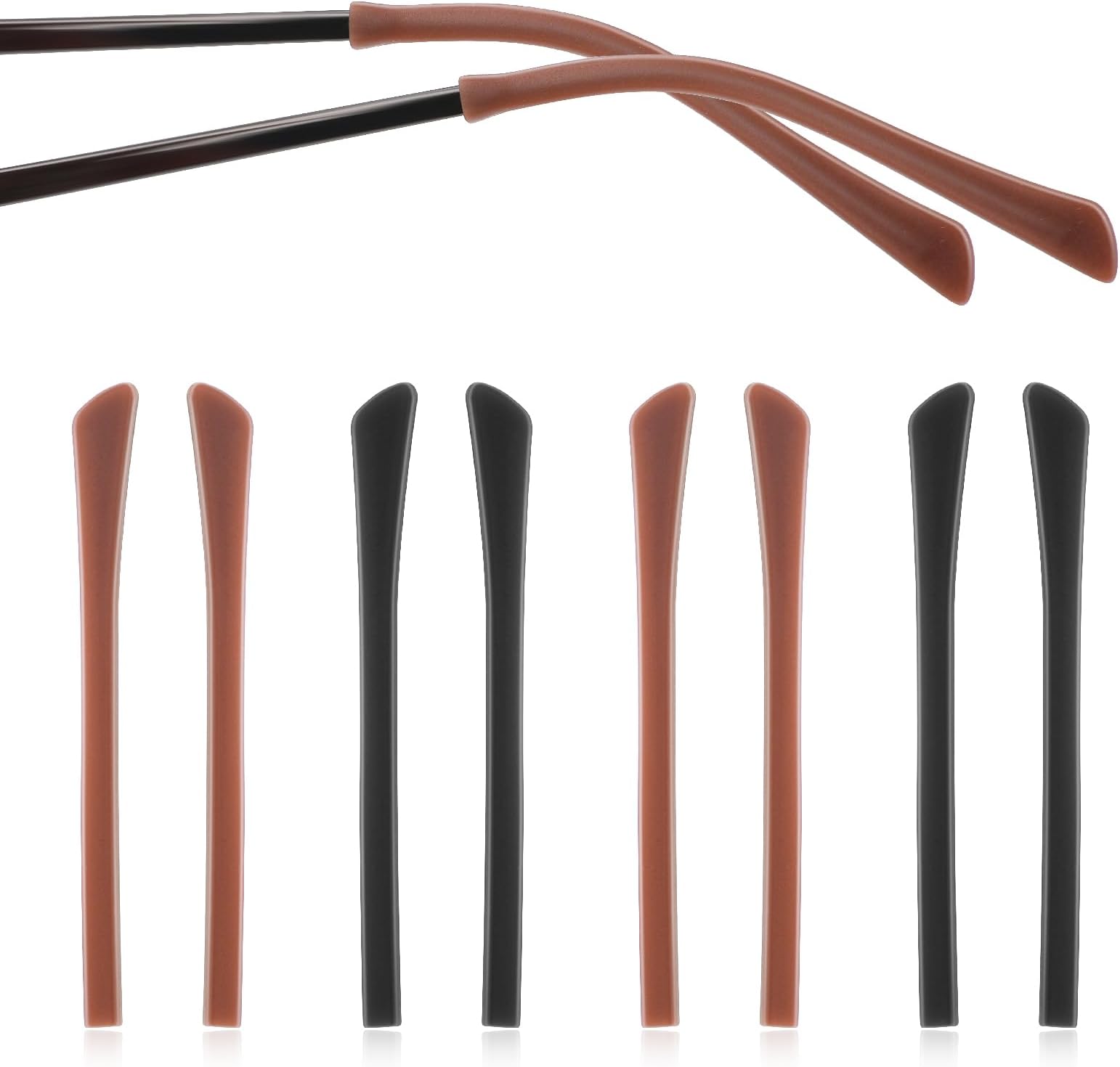 Anti-Slip Elastic Comfort Eyeglasses Arm Replacement, 8 Pairs Soft Silicone Temple Tips for Eyeglasses, Flexible and Alternative Glasses Ear Cushion for Thin Metal Eyeglass Legs (Black and Brown)