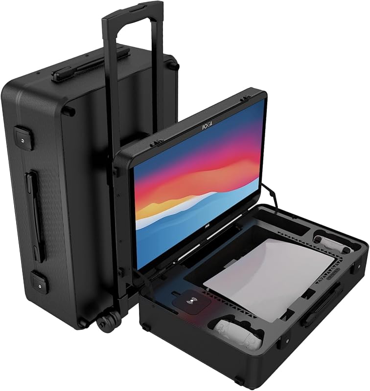 POGA YEZ Console Travel Case w/ 4K 27" Monitor Compatible w/ PS5 - Black | Compatible w/ Playstation 5 Premium w/ Trolley, and UHD/4K 27" AOC Gaming Monitor, Removeable Bluetooth Speaker Slot - Black
