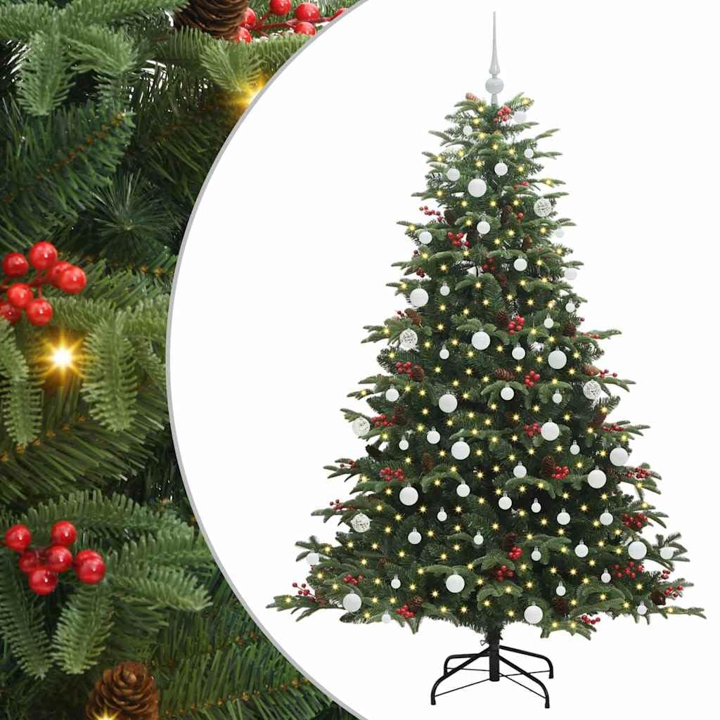 Albero di Natale artificiale con 300 LED bianco caldo, 180 cm, verde, pieghevole, in PVC, con supporto, per interni ed esterni protetti, 8 modalità flash, funzionamento USB