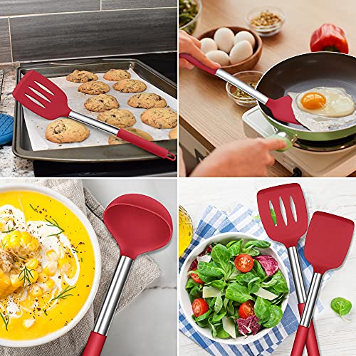 Herogo Küchenhelfer Set, 25 Stück Silikon Küchenutensilien mit Halter, Hitzebeständiger Kochbesteck Set mit Edelstahlgriff, Antihaft Kochutensilien Küchenset, Aufbewahrungsbehälter, Rot