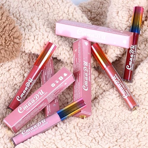 2023 Newest Glitter Waterproof Long Lasting Lip Gloss,6 Color Diamond Shiny Dark Red Pink Purple Glitter Sparkly Glossy Metallic Shimmer Sparkle Waterproof Lipstick Lip Gloss For Women (01) #TOP3