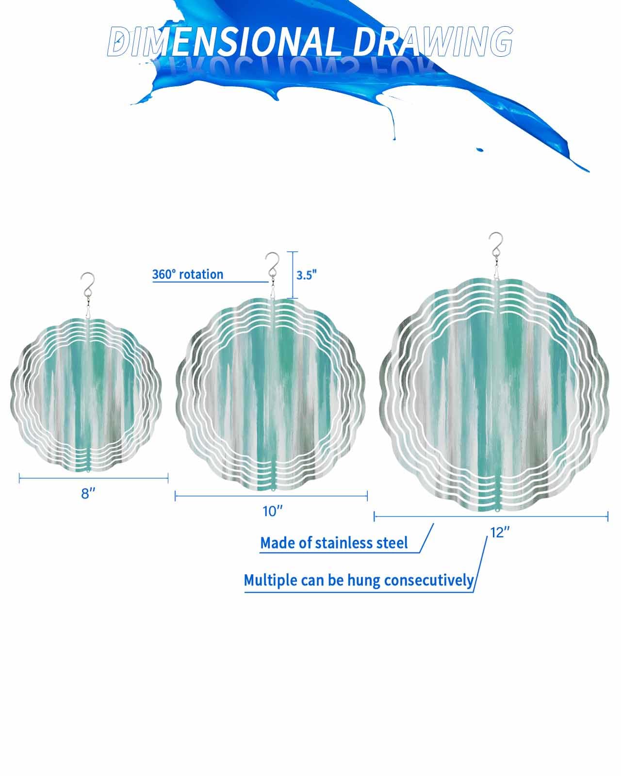 Abstract Wind Spinners, Retro Water Blue Gray Hanging Wind Spinners for Yard and Garden 3D Stainless Steel Metal Sculptures Crafts Ornaments 8 Inch