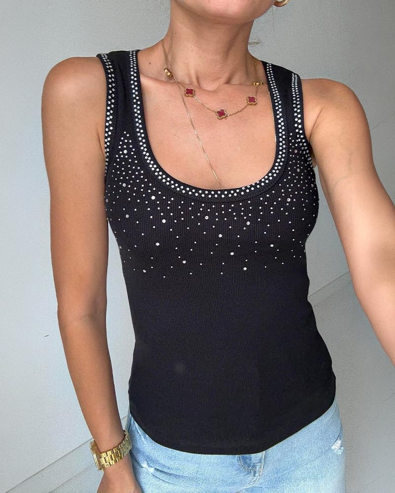 CHICME Womens Sleeveless U Neck Tank Top Rhinestone Ribbed Fitted Shirts Cute Summer Going Out Clothes 2026 - Image 5