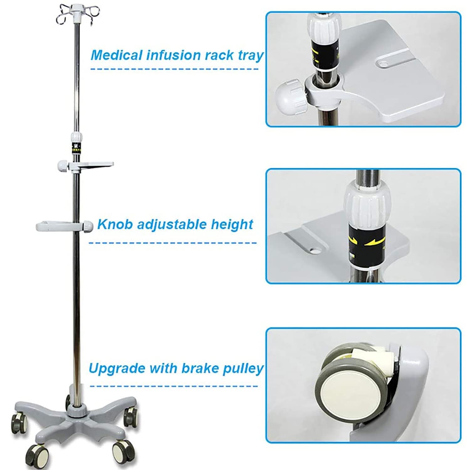 Winter Asta per flebo 4 Gancio 5 Gambe Portatile Rotolamento con Manico in Acciaio Inox Altezza Regolabile 110-200 cm Portata 10 kg
