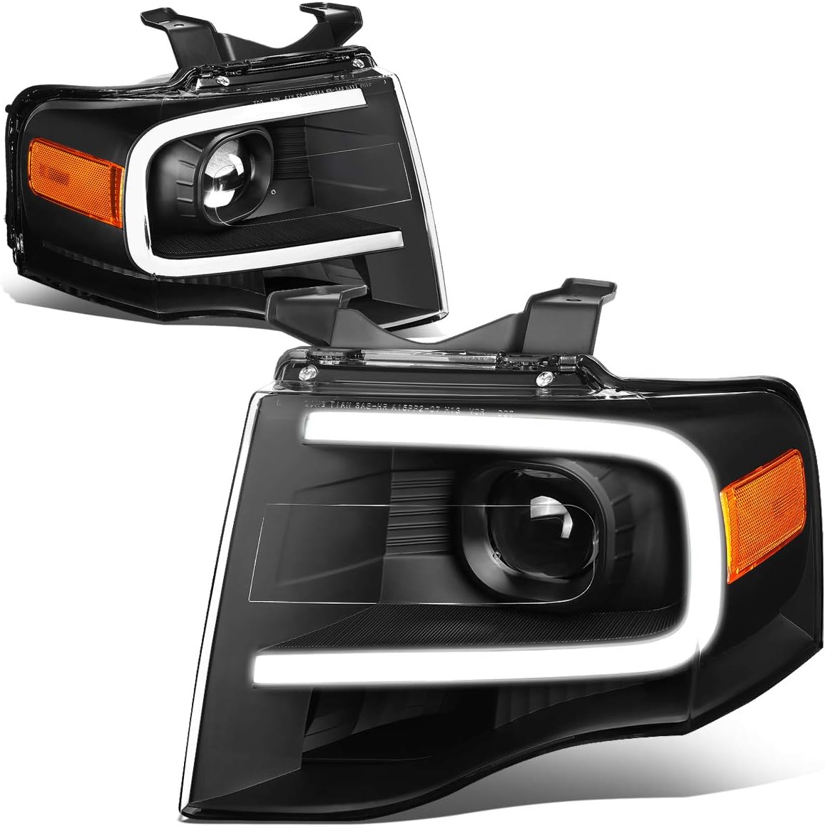 DNA MOTORING HL-3D-FEXP07-BK-AM Black Amber Proejctor Headlights With 3D LED Day Running Light Bar Compatible with 07-14 Expedition