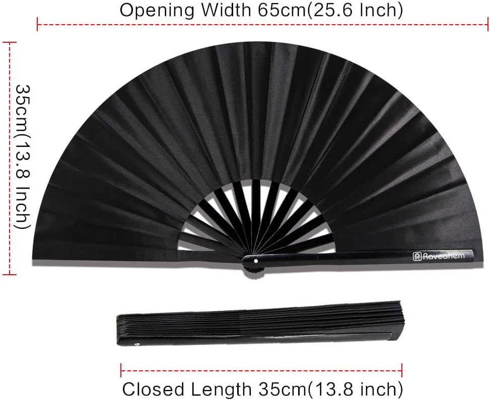 13" Large Rave Fan Bamboo, Folding Clack Hand Fans Foldable for Men Women, Poping Fan for EDM Festival Line Dance Decoration, (Black2, Large 13")