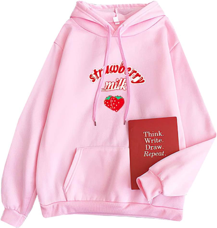 Women Kawaii Sweatshirts Cute Strawberry Milk Hoodie Kpop Pullover