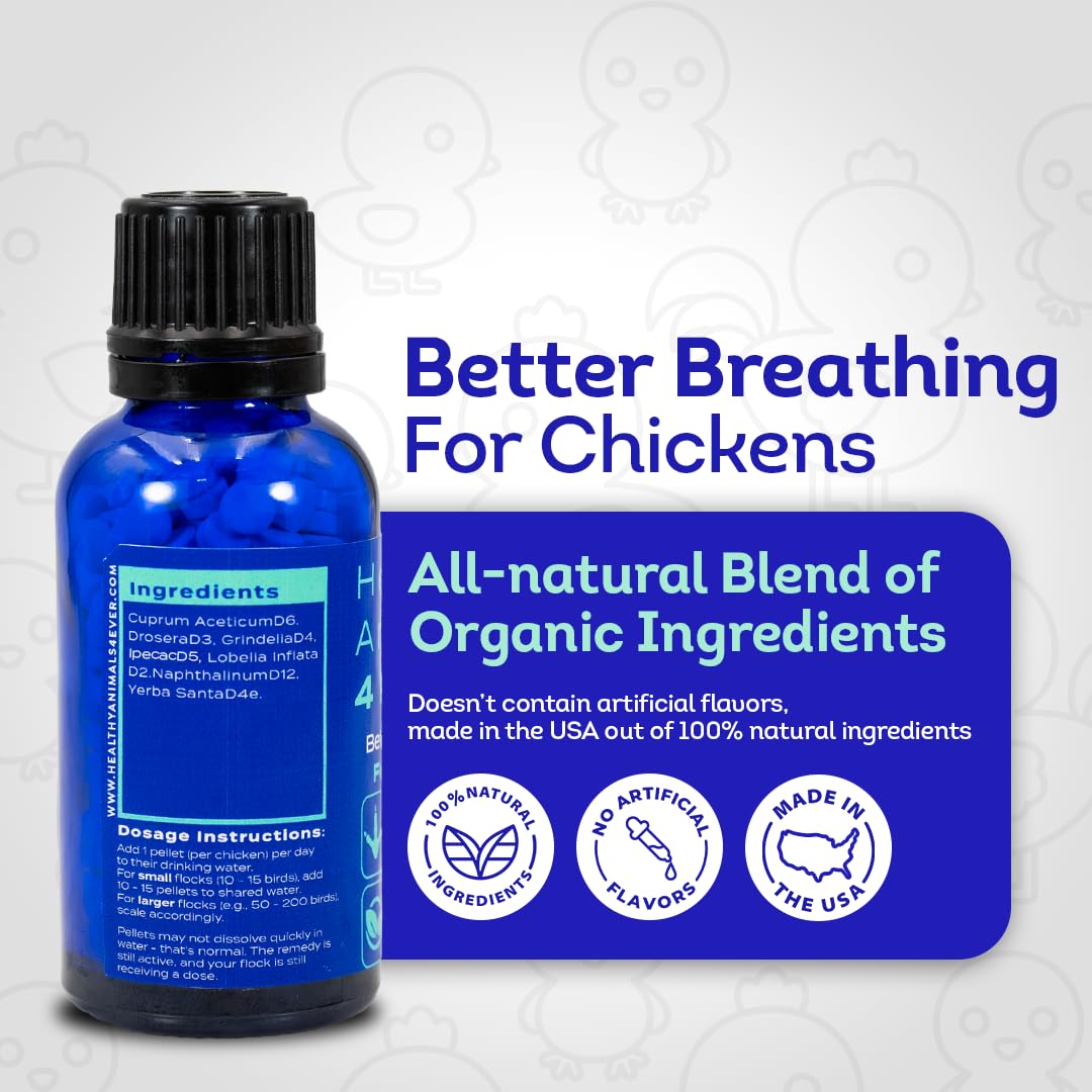 HealthyAnimals4Ever Suplemento respiratorio de pollo totalmente natural, ayuda respiratoria homeopática eficaz para pollos, 300 tabletas de apoyo respiratorio para pollos