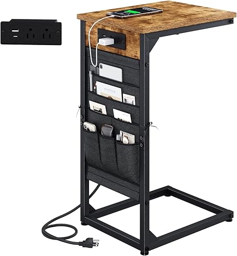 Mesa auxiliar en forma de C con estación de carga rápida, mesa auxiliar de sofá pequeña con bolsa de almacenamiento, mesa de bandeja de sofá para