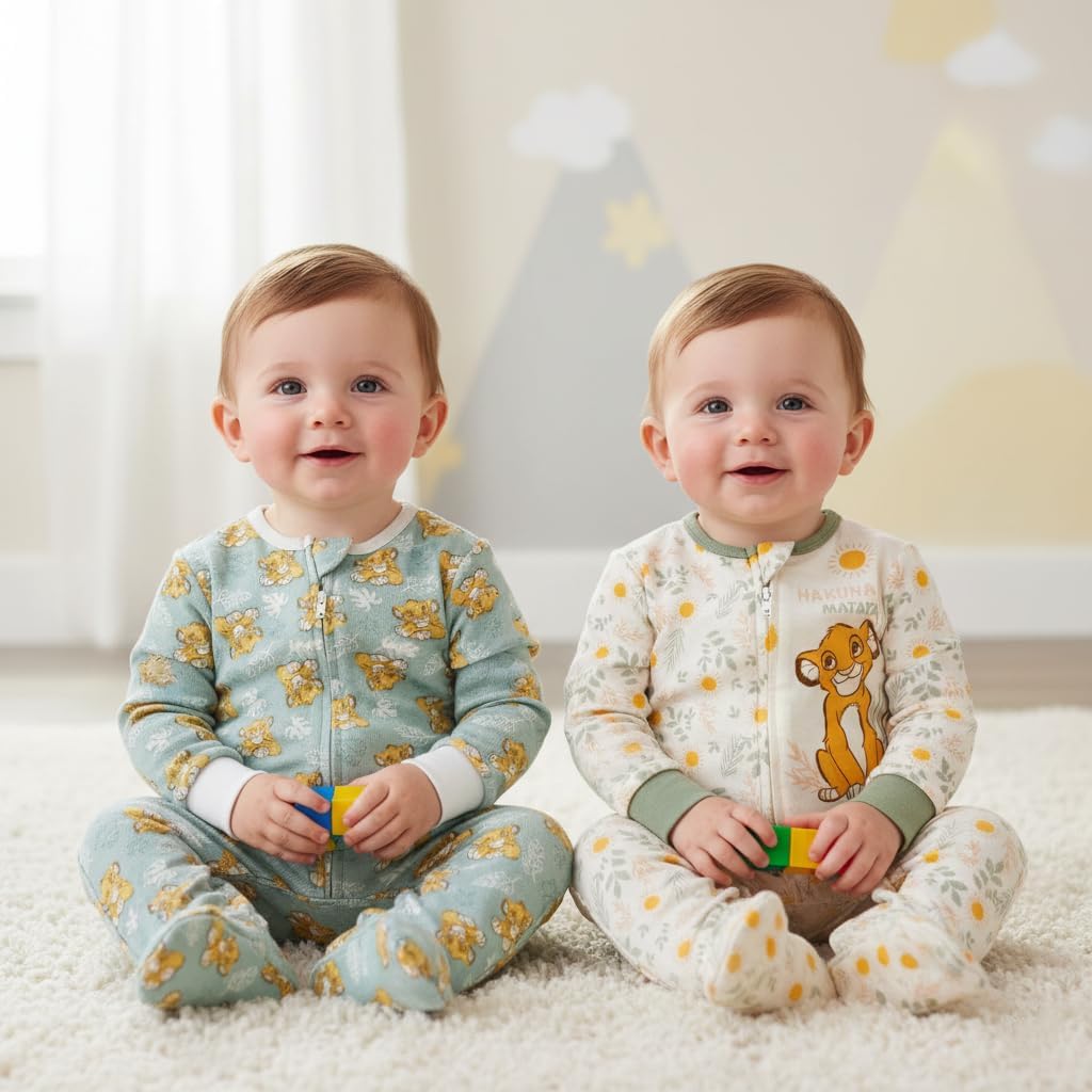 Disney Baby Onesies 2 Pack Zip-Up Sleeper - Winnie The Pooh, Toy Story, Lion King, Aristocats - Newborn Girls & Boy's Pajamas