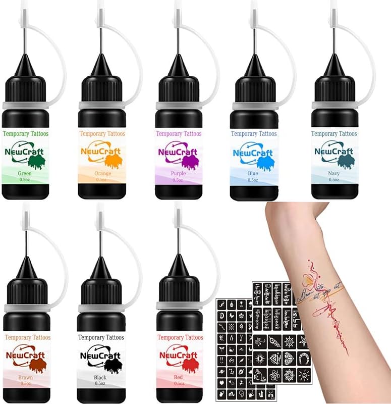 Temporary Tattoo Kit 8 Bottle Colors Makeup Ink, Freckles Gel for Art Markers, 78 Patterns Fake Tattoos stencils DIY for Men Women