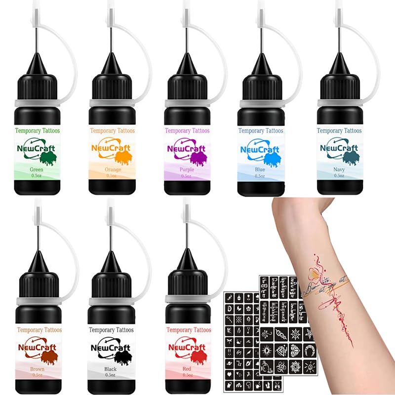 Temporary Tattoo Kit 8 Bottle Colors Makeup Ink, Freckles Gel for Art Markers, 78 Patterns Fake Tattoos stencils DIY for Men Women Kids