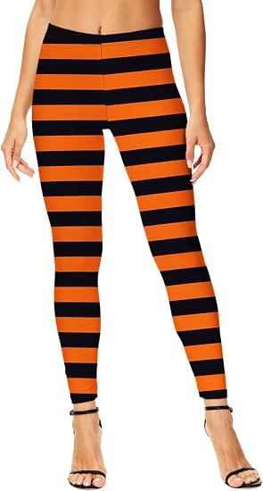 Halloween Costume Leggings Womens Mavis High Waist Orange Striped Stretchy Printed Tight Pants L