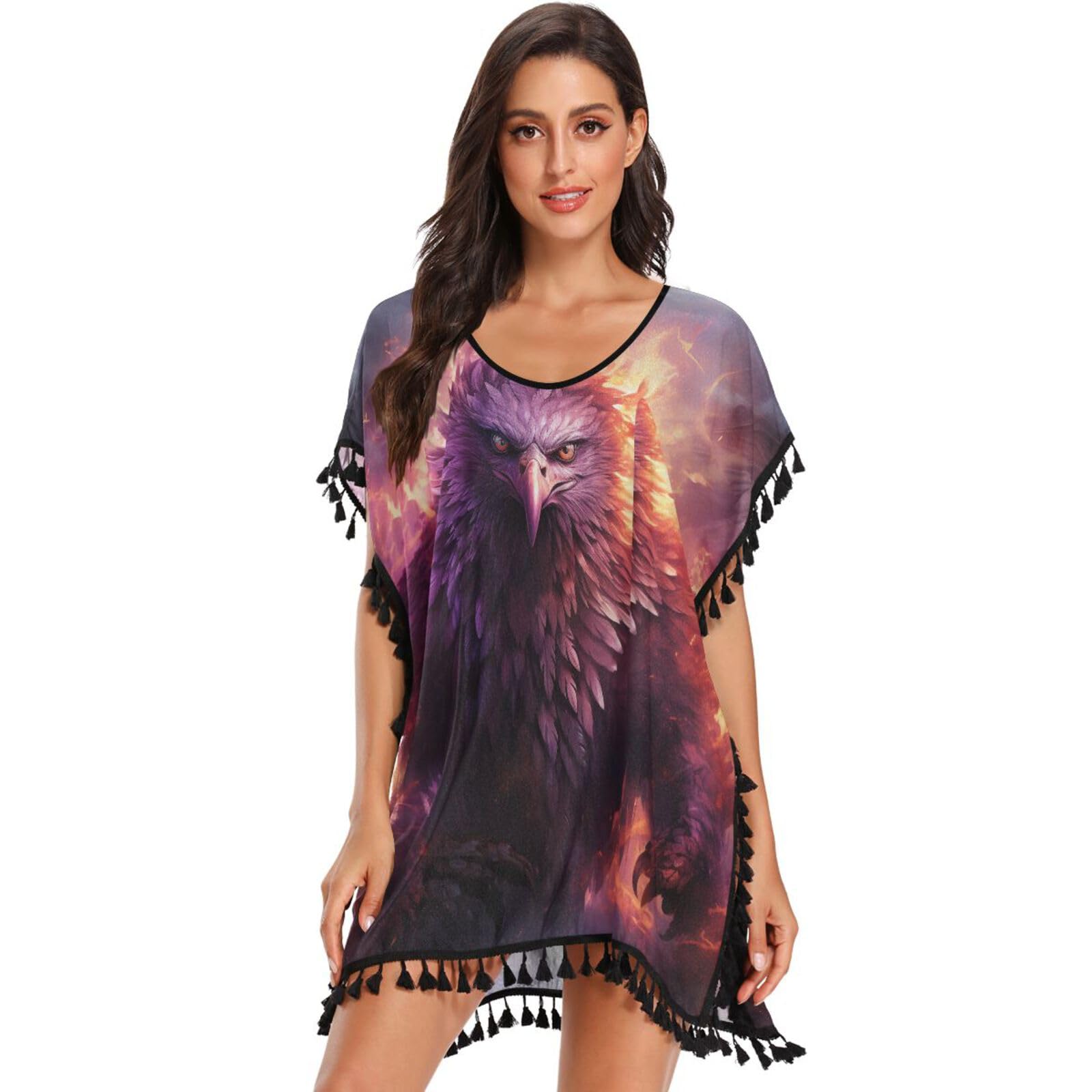 Angry Owl Purple Fire Women's Beach Cover Up Chiffon Tassel Swimwear Swimsuit Coverups for Girl