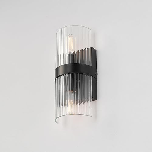 Miniatura 8 de Globe Electric 65000050 Aplique de pared de 2 luces, negro mate, pantalla de vidrio acanalado, enchufes de base E12, luces de pared para sala de