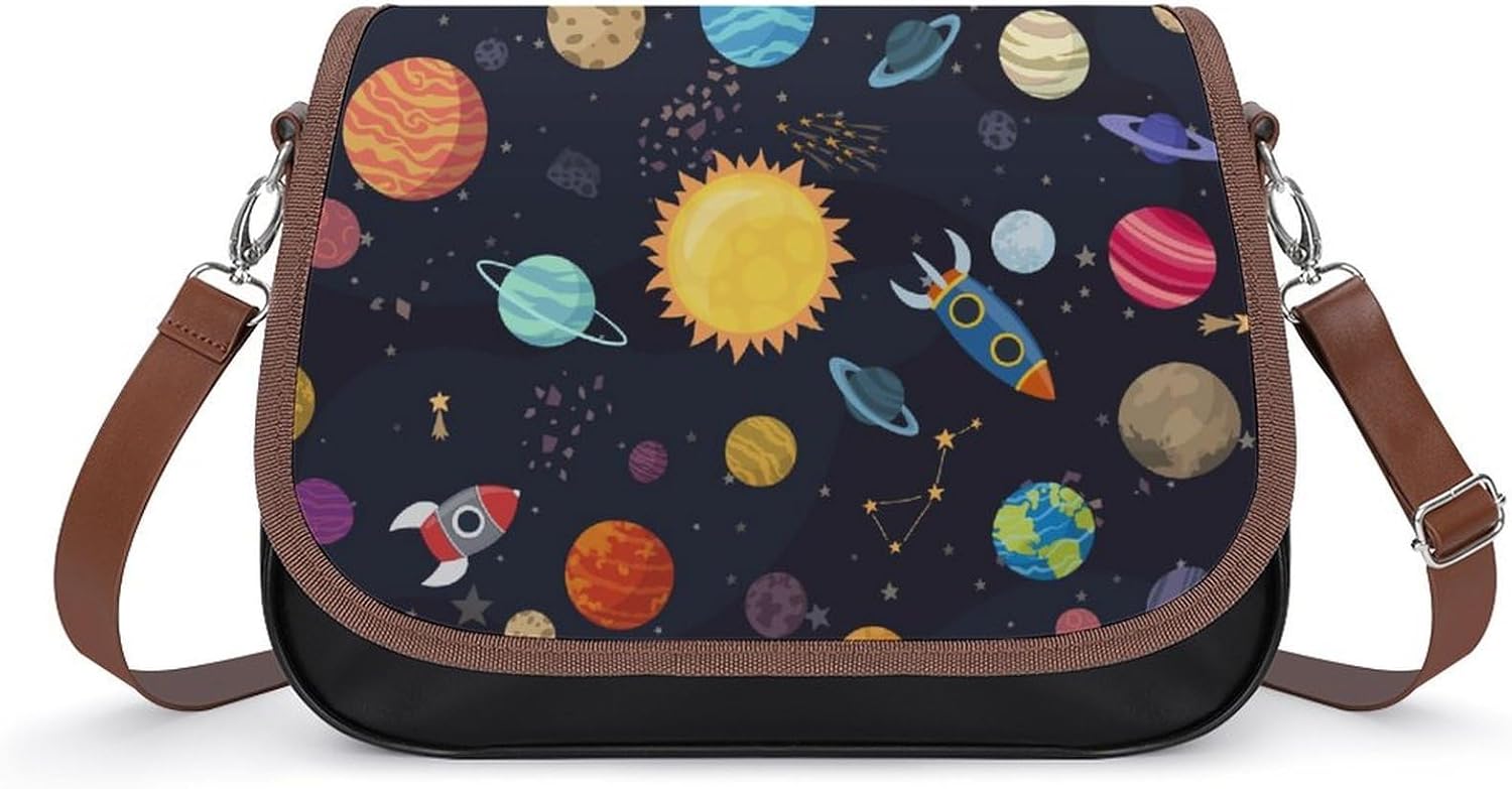 Comets And Constellations Stars with Polka Dots Earth Sun Saturn Mars Solar SystemWomen's Faux Leather Crossbody Bag, Waterproof Wrinkle-Resistant Shoulder Bag with Detachable Strap, Large Capacity Ca