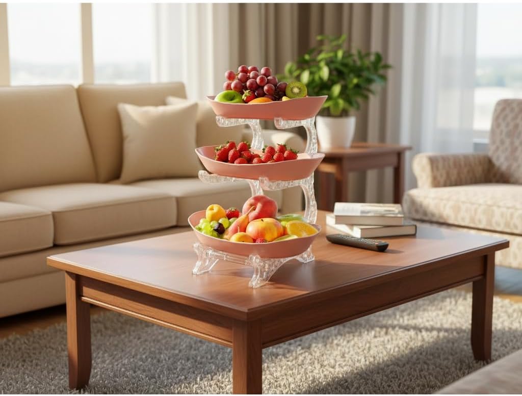 Fruit Bowl for Kitchen Counter, 3 Tier Plastic Serving Bowls with PP Stand, Tiered Fruit Basket for Fruits Vegetable Storage, Cake, Dessert, Snack, Nuts, Salad for Party Wedding