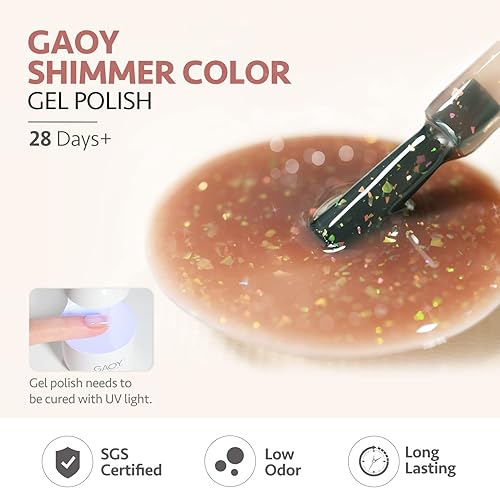 Miniatura 4 de GAOY Juego de esmaltes de uñas de gel brillante en rosa, nude, beige, albaricoque, marrón champán, acabados holográficos, esmalte de gel con