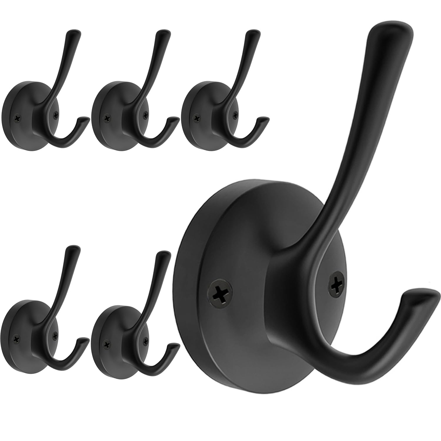 TOFIIGREM Black Wall Hooks, 6 Pack Coat Towel Hook Heavy Duty Metal Double Bath Robe Hook Wall Mounted, Hat Hooks for Cubicle Bathroom Kitchen Closet Garage